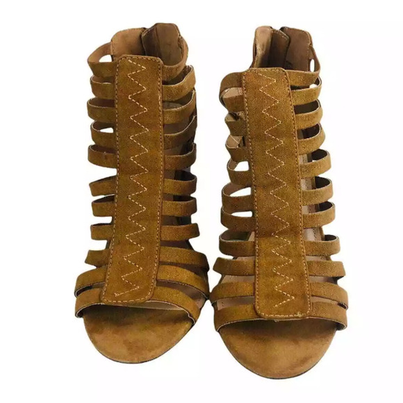 JustFab Womens Romina Cognac Strappy Peep Toe Faux Suede Heeled Sandals Size 10 - Picture 4 of 9